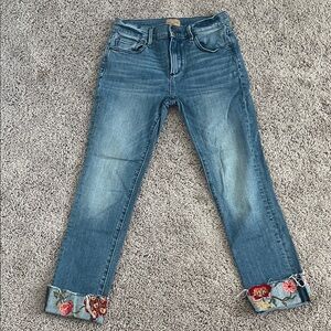 DRIFTWOOD Blue Cropped Jeans with Red Floral Embroidery